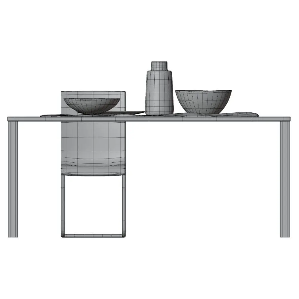 Revit Family / 3D Model - Sleek Dining Table 3D Model Side View Sleek Dining Table 3D Model in side view and rendered in wireframe mode to showcase the clean and optimized topology of each of the elements included. Ideal for modern and contemporary interior design projects, this sleek dining table 3D model will make your spaces look finished. Get it today and see for yourself.