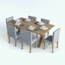Cross-legged Dining Table 3D Model in 3D and rendered in Vray with a light colored wood finish for the table and char legs and gray upholstery. This table 3D model also includes table settings including bowls, dishes and napkins. Don't wait any longer and get this dining table 3D model today.