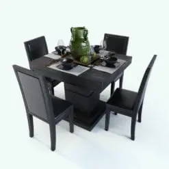 Elegant Square Dining Table 3D Model With Leather Chairs rendered in Vray with a dark chocolate wooden finish and dark brown leather. This table 3D model set includes all the table settings depicted and the central vase and decorations to make a fully complete 3D model. Ideal for modern and contemporary interior designs, this dining table 3D model will make your projects stand out from the crowd.