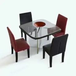 Glass Dining Table 3D Model With Leather Chairs rendered in Vray and featuring a glass table with glass base and dual colored leather chairs. This dining table 3D model includes the decoration plate shown in the center of the table. Ideal for contemporary interior design projects, whether houses, apartments or even commercial settings, this dining table 3D model will transform your spaces and make them look elegant.