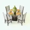 Modern High Dining Table 3D Model rendered in Vray with a dark wooden structure and chair legs and light colored chairs. This table 3D model also includes table settings (dishes, napkins, cutlery and a center piece). Ideal for modern and contemporary interior design projects, this high-quality dining table 3D model will elevate your renders to new heights.