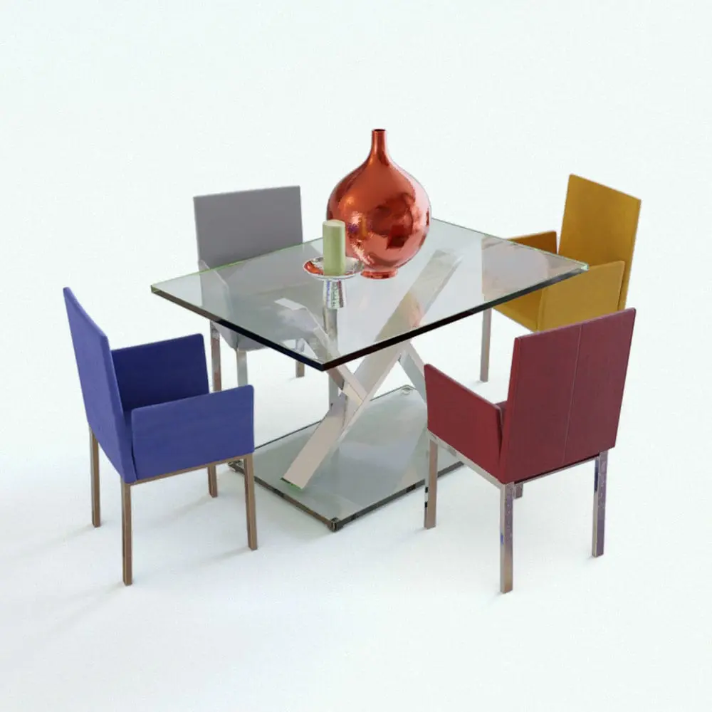 Revit Family / 3D Model - Metal Base Dining Table 3D Model Rendered in Vray Metal Base Dining Table 3D Model rendered in Vray with multi colored chairs and a glass tabletop sitting on a chromed metallic base. This table 3D model also includes the decorations on the table (candle and vase) making this dining table 3D model an option to make your renders feel complete.