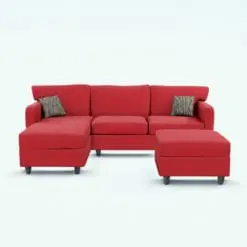 Sectional Couch 3D Model With Ottoman rendered in Vray with red fabric and animal print 3D cushions. Ideal for modern and contemporary interior design projects, this couch 3D model will make your spaces stand out.