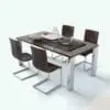 Sleek Dining Table 3D Model rendered in Vray with a dark colored wooden finish for the tabletop and chairs and chromed legs and cantilever supports for the chairs. This table 3D model includes all the items on the table as well to make it look complete and finished.