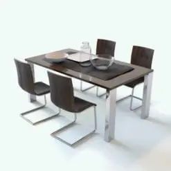 Sleek Dining Table 3D Model rendered in Vray with a dark colored wooden finish for the tabletop and chairs and chromed legs and cantilever supports for the chairs. This table 3D model includes all the items on the table as well to make it look complete and finished.