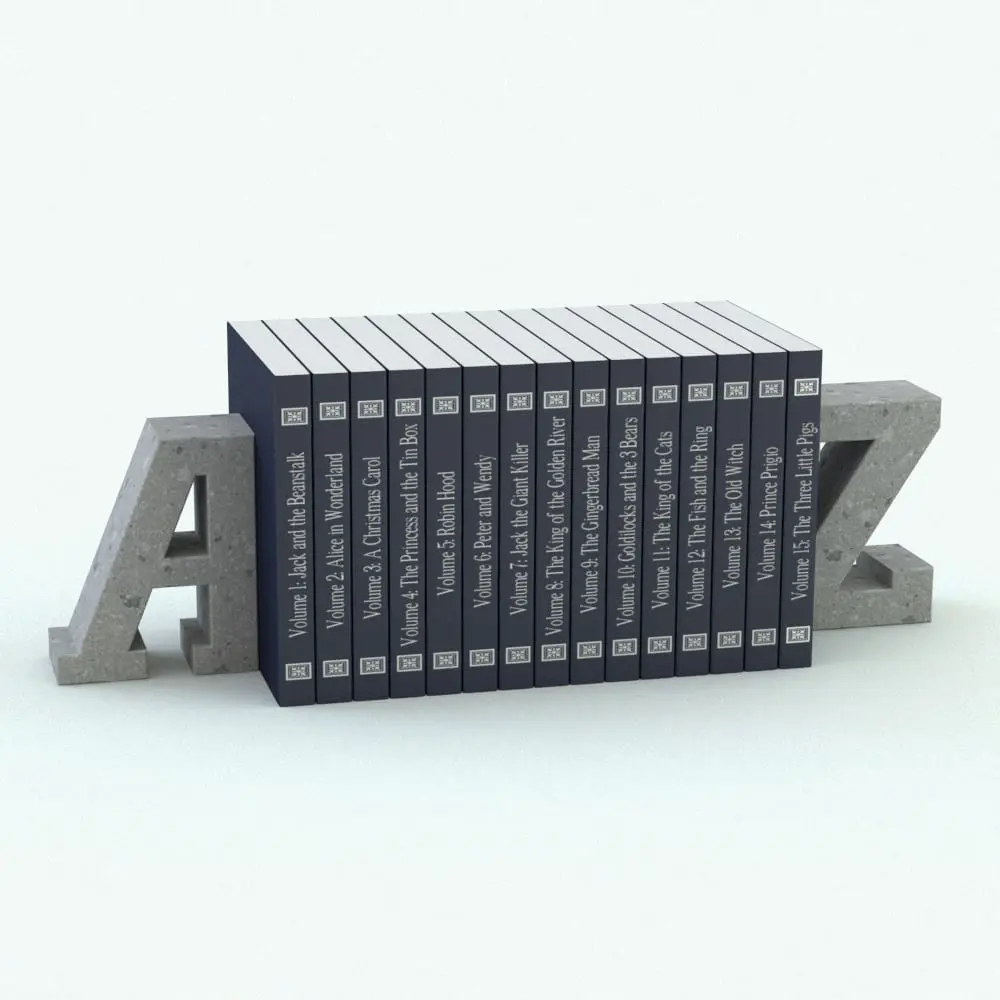 Revit Family / 3D Model - A-Z Fairytales Bookends Decoration Revit Family Rendered in Vray A-Z Fairytales Bookends Decoration Revit Family in 3D and rendered in a concrete-style finish with blue fairytale books. This Revit family includes two different colored books: blue and light gray, to give you more options to choose from. Ideal for libraries, home offices, children's rooms and more, this gorgeous-looking decoration Revit family will transform your spaces in just a few clicks.