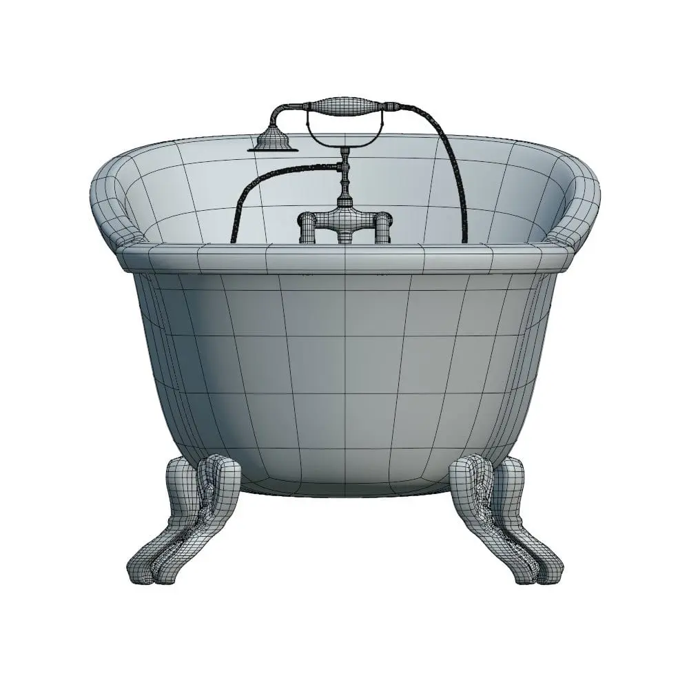 Revit Family / 3D Model - Antique Basic Bathtub 3D Model + Revit Family Front View Antique Basic Bathtub 3D Model + Revit Family in front view and rendered in wireframe mode to showcase its clean topology. This 3D model was crafted with the highest standards in modeling, texturing and UV'ing so you can have a professional and photorealistic looking bathtub 3D model.