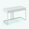 Minimalistic Wood-Steel Revit Desk Family in 3D and rendered in black and white (ambient occlusion style) to showcase the shapes and details better. Whether you need a complement for your project or a statement piece, this Fully parametric Revit desk family will streamline your workflow in just a few clicks.