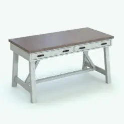 Modern Two Toned Revit Desk Family with Angled Legs in 3D and rendered with a white wood finish for the structure and drawers, brown wood for the desktop and black hardware. Ideal for home offices, professional offices, libraries and more, this fully parametric and easy to use Revit desk family will make your spaces look finished.