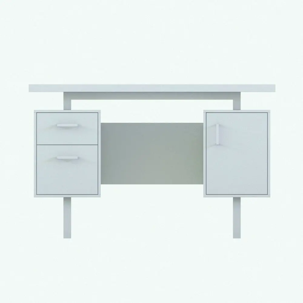 Revit Family / 3D Model - Floating Revit Desk Family With Drawers and Door Front View Floating Revit Desk Family With Drawers and Door in front view and rendered in black and white (ambient occlusion style) to show the details and shapes better. Ideal for offices, home offices, co-work spaces and more, this fully parametric and ready to render Revit desk family will elevate your projects to new heights in just a few clicks.