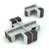 L-Shape Cubicle Revit Desk Family With Drawers and Cabinet in 3D and rendered in a dark wood finish with white and gray drawers, desktops, etc. Ideal for office spaces or co-working projects, this fully parametric and easy to use cubicle Revit desk family will seamlessly blend with your projects.
