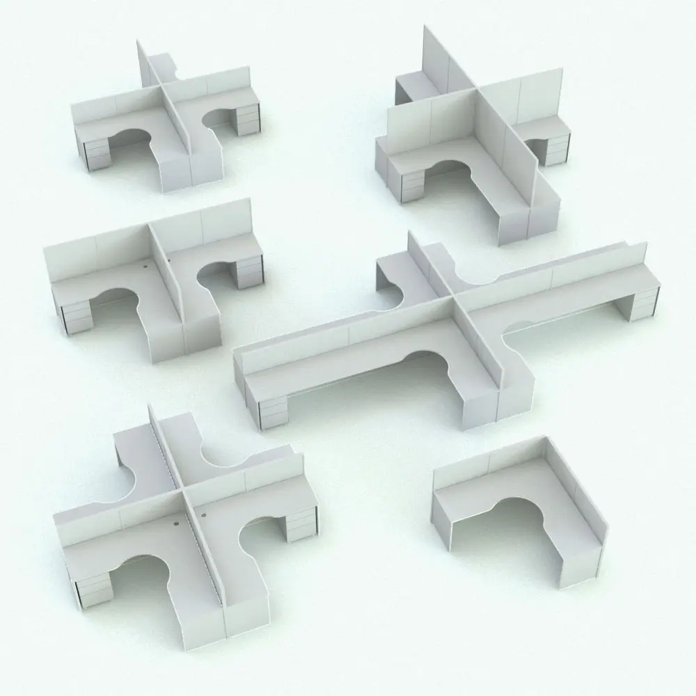 Revit Family / 3D Model -L-Shape Dual Division Cubicle Revit Desk Family Variations L-Shape Dual Division Cubicle Revit Desk Family shown in different sizes and configurations to showcase its parametric flexibility. Whether you need one, two, three or a cluster of 4 cubicles, this Revit desk family will seamlessly adapt to any of your requirements. Plus, it also comes with other parameters to change visibilities, dimensions and more. Ideal for commercial and hospitality settings, this cubicle Revit desk family will transform your spaces in just a few clicks.