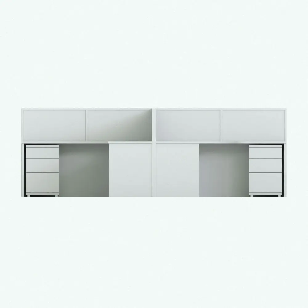 Revit Family / 3D Model - L-Shape Dual Division Cubicle Revit Desk Family Front View L-Shape Dual Division Cubicle Revit Desk Family in front view and rendered in black and white to showcase the shapes better. Ideal for corporate offices, co-working spaces and more, this fully parametric and ready to render cubicle Revit desk family will add a touch of modern and finesse to all your projects. Get it today and see for yourself.