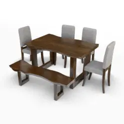 Rustic Dining Table 3D Model With Bench rendered in Vray with a dark colored wood finish and gray upholstered chairs. Ideal for modern, eclectic or contemporary interior design projects, this professionally built dining table 3D model will take your renders to the next level. Get it today and see for yourself.
