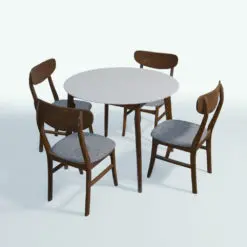 Simple Wood Dining Table 3D Model rendered in Vray with a brown colored wood finish, a white tabletop and gray upholstered chairs. This 3D model was created with the highest standards in modeling, texturing and UV mapping, so you can enjoy a professional and photorealistic looking model in your projects. Don't wait any longer and add this dining table 3D model to your assets today.