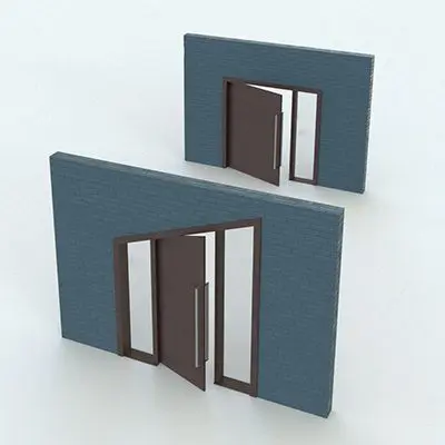 Sloped Revit Door Family With Sidelights rendered in a dark wood color on a teal colored wall. This Revit door is a true chameleon. Use it as a regular door or convert it into a sloped door. Add sidelights or remove them. With plenty of parameters to choose from (including materials), this Revit door family is all you need for all your projects. Add it to your cart now and create many different types of Revit doors with one single family.