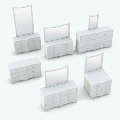 Revit Family / 3D Model - Curved Horizontal Drawers Bed Set Dresser Variations