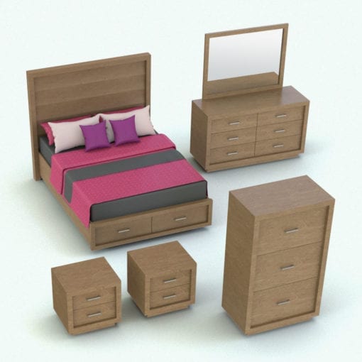 Revit Family / 3D Model - Curved In Drawers Bed Set Rendered in Revit