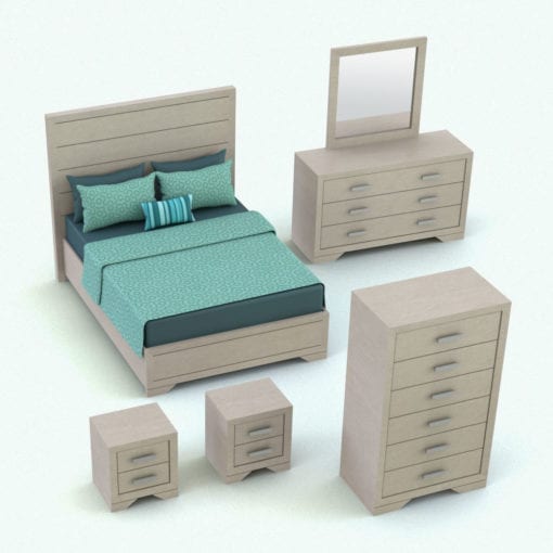 Revit Family / 3D Model - Rectangular Handles Bed Set Rendered in Revit