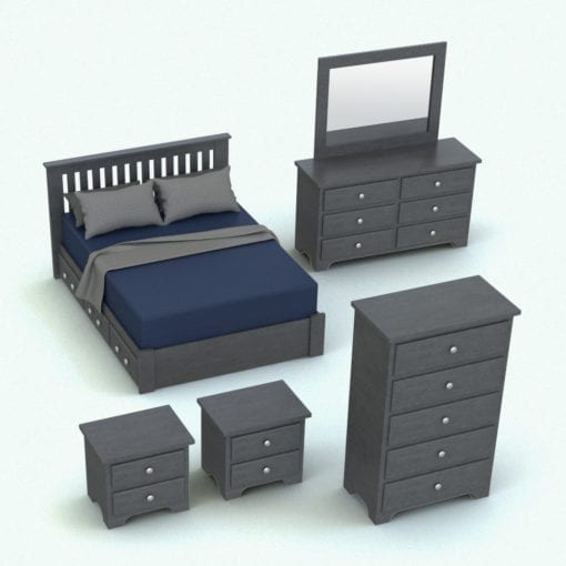 Revit Family / 3D Model - Solid Wood Circular Knobs Bed Set Rendered in Revit