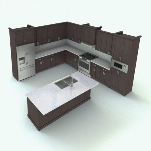 Revit Family / 3D Model - L-Shape Kitchen With Mouldings and Island Rendered in Revit