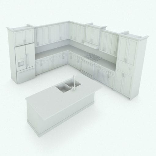 Revit Family / 3D Model - L-Shape Kitchen With Mouldings and Island Perspective