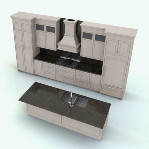 Revit Family / 3D Model - Straight Kitchen With Island Rendered in Revit