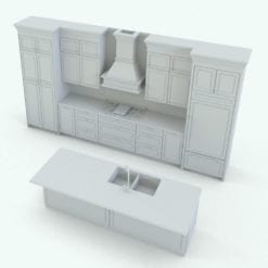 Revit Family / 3D Model - Straight Kitchen With Island Perspective
